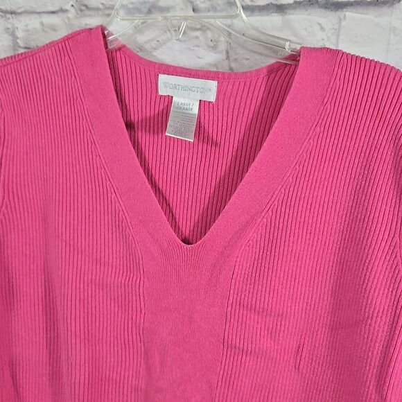 Worthington Hot Pink V-Neck Ribbed Sweater 3/4 Sleeve Pullover Women's L Winter - Picture 3 of 8
